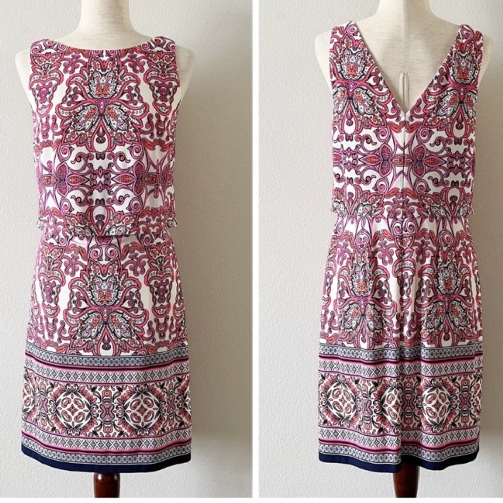 Vince Camuto popover paisley white pink red navy tiered sleeveless dress size 10